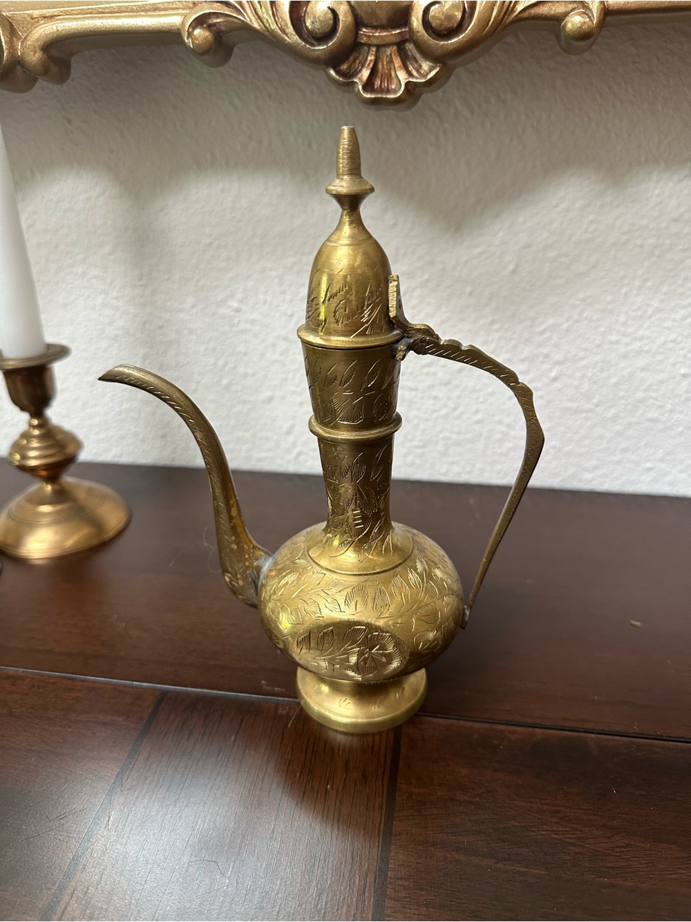 Brass Engraved Mid Century Ewer Pitcher - India